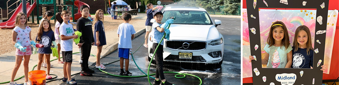 Happy students washing a car and two girls smiling behind a cardboard frame