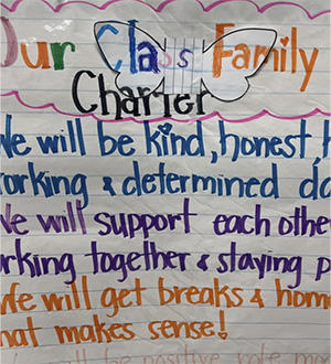 A butterfly on a sign about Our class family charter